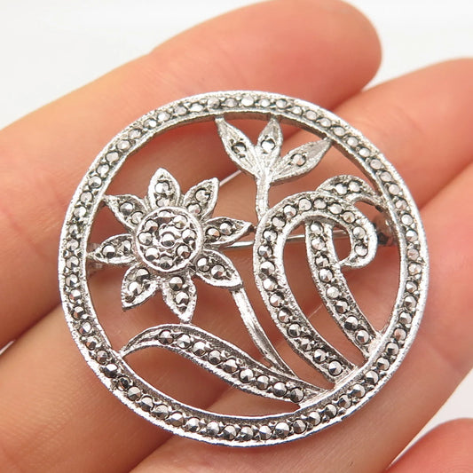 925 Sterling Silver Vintage Real Marcasite Gemstone Floral Pin Brooch