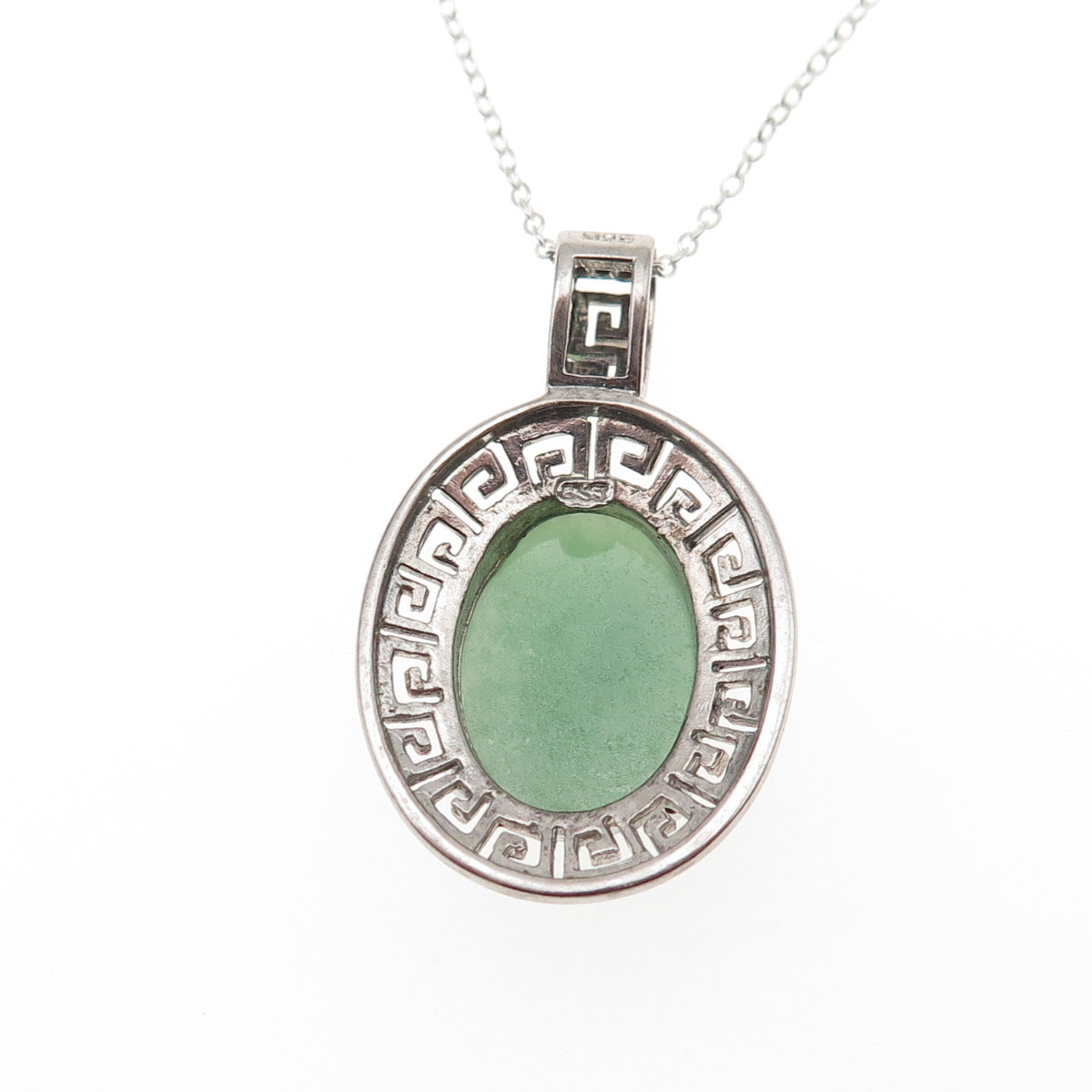 925 Sterling Silver Real Cabochon Jade Greek Key Cable Chain Necklace 18"