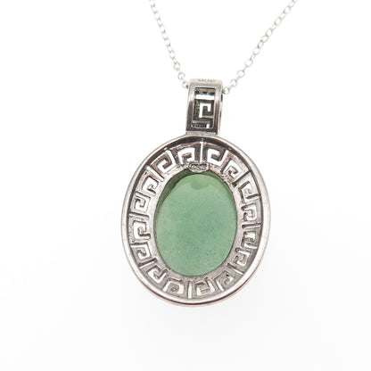 925 Sterling Silver Real Cabochon Jade Greek Key Cable Chain Necklace 18"