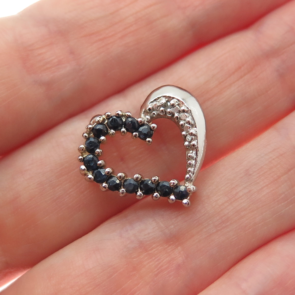 925 Sterling Silver 2-Tone Real Diamond Accent Sapphire Heart Mini Slide Pendant