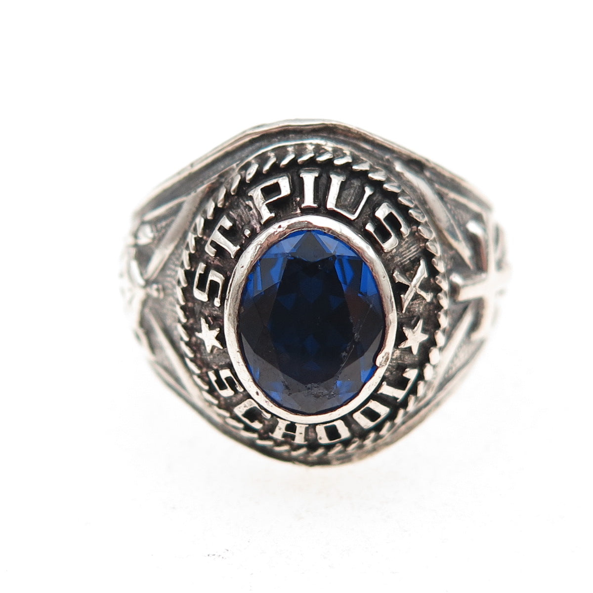 925 Sterling Vintage 1977 Lab-Created Sapphire St. Pius X School Ring Size 9.75