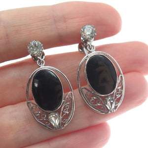 CARL ART 925 Sterling Silver Antique Rhinestone & Black Onyx Screw Back Earrings