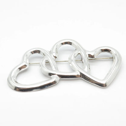 925 Sterling Silver Vintage Mexico Triple Heart Pin Brooch