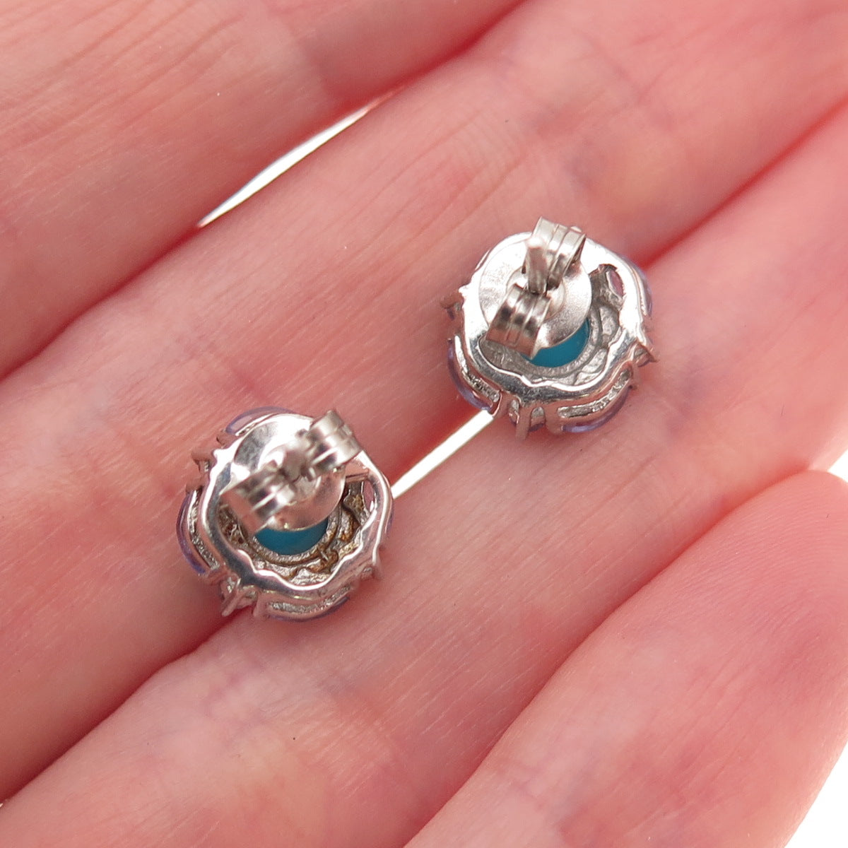 Chuck Clemency 925 Sterling Silver Real Turquoise & Tanzanite Stud Earrings
