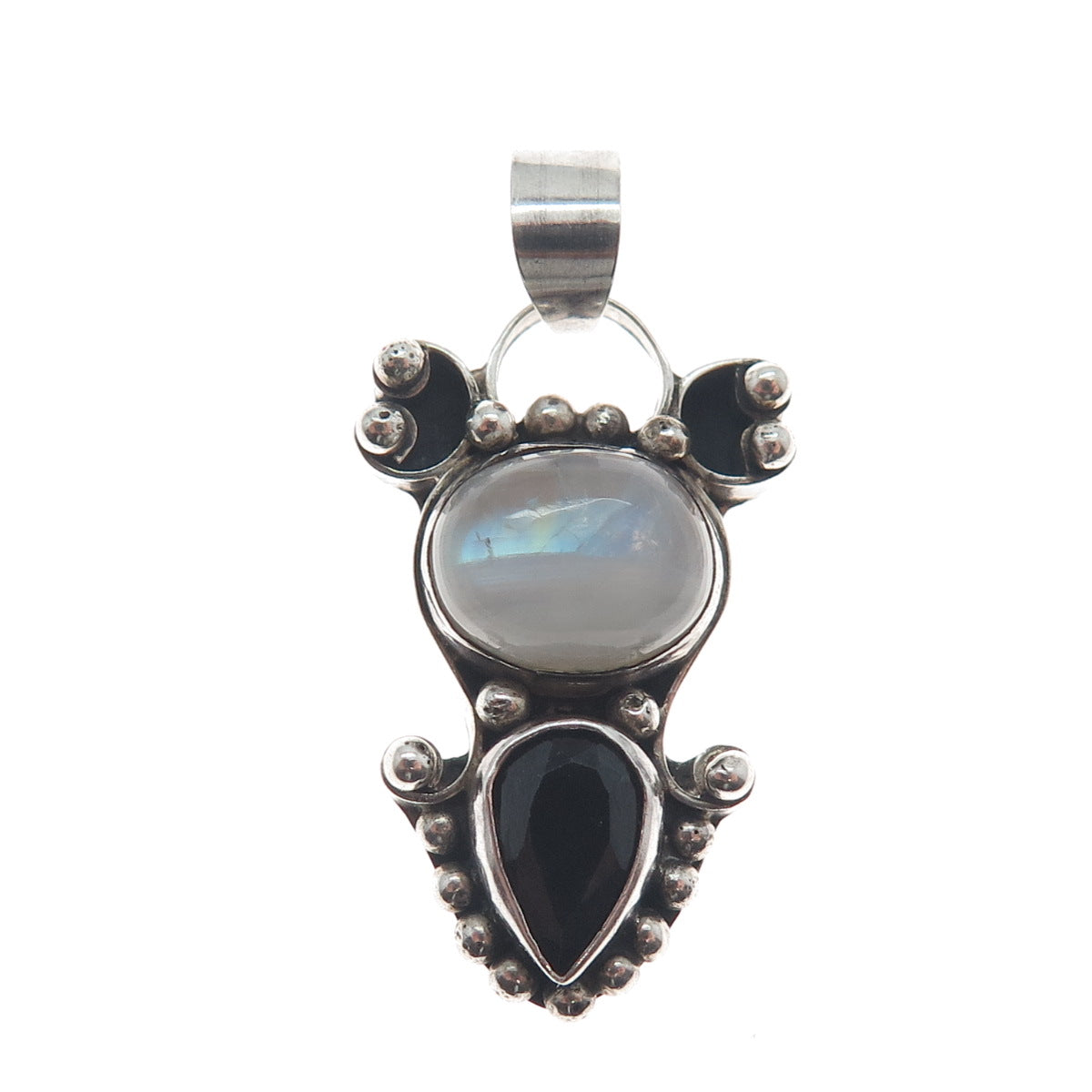 925 Sterling Silver Vintage Real Moonstone & Black Spinel Beaded Pendant