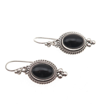 Suarti Bali 925 Sterling Silver Vintage Real Black Onyx Beaded Dangle Earrings