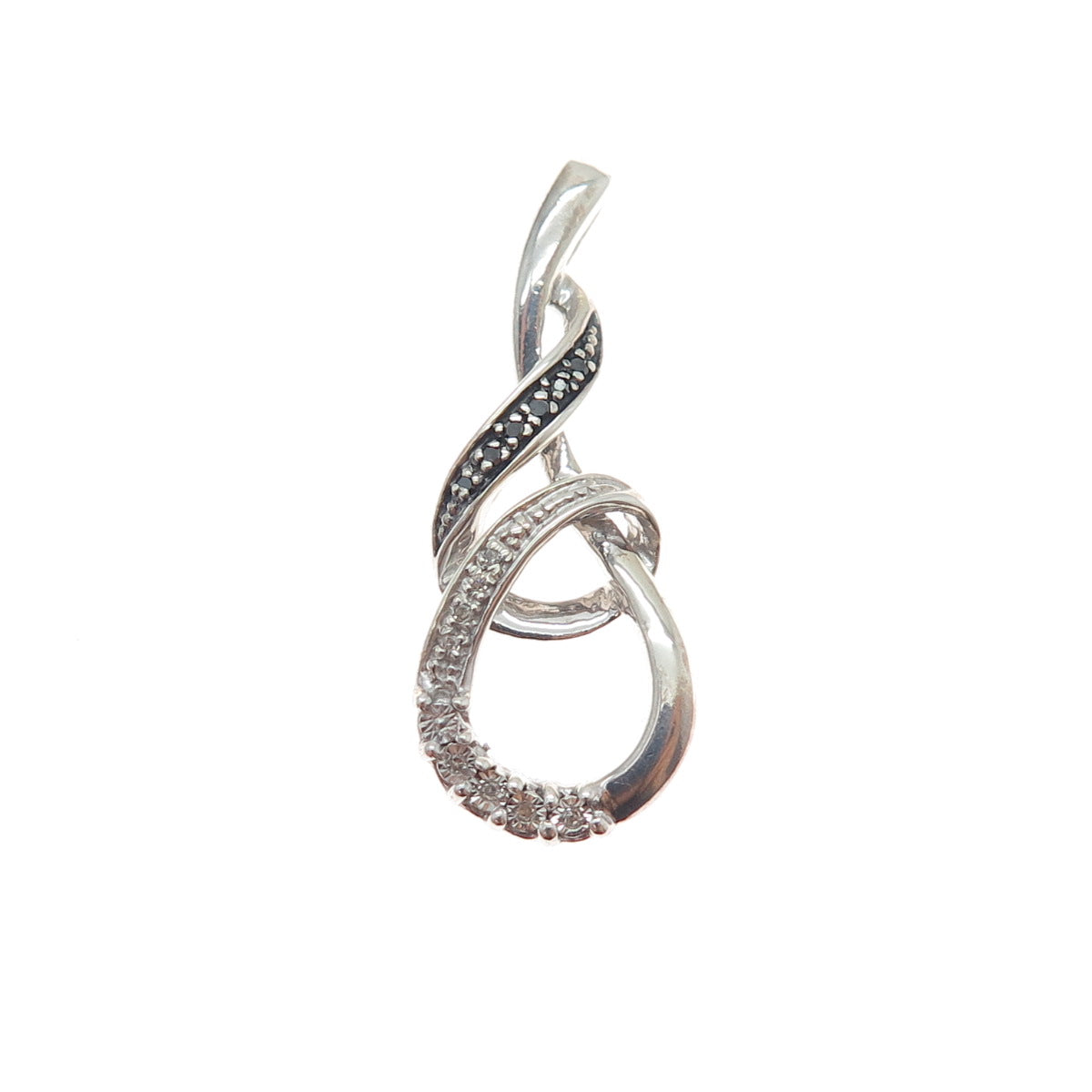 925 Sterling Silver Real Round-Cut Black & White Diamond Twisted Charm Pendant