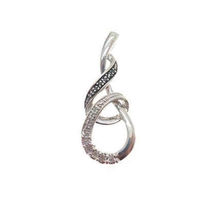 925 Sterling Silver Real Round-Cut Black & White Diamond Twisted Charm Pendant
