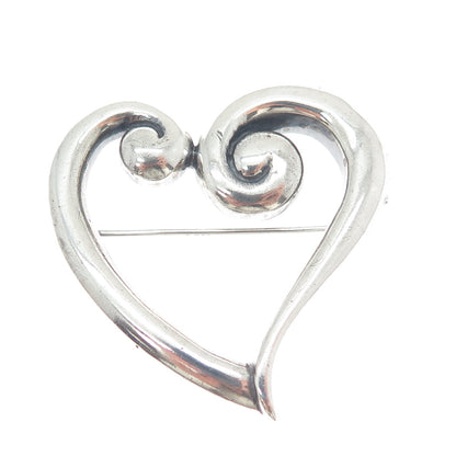 925 Sterling Silver Vintage Modernist Heart Oxidized Pin Brooch