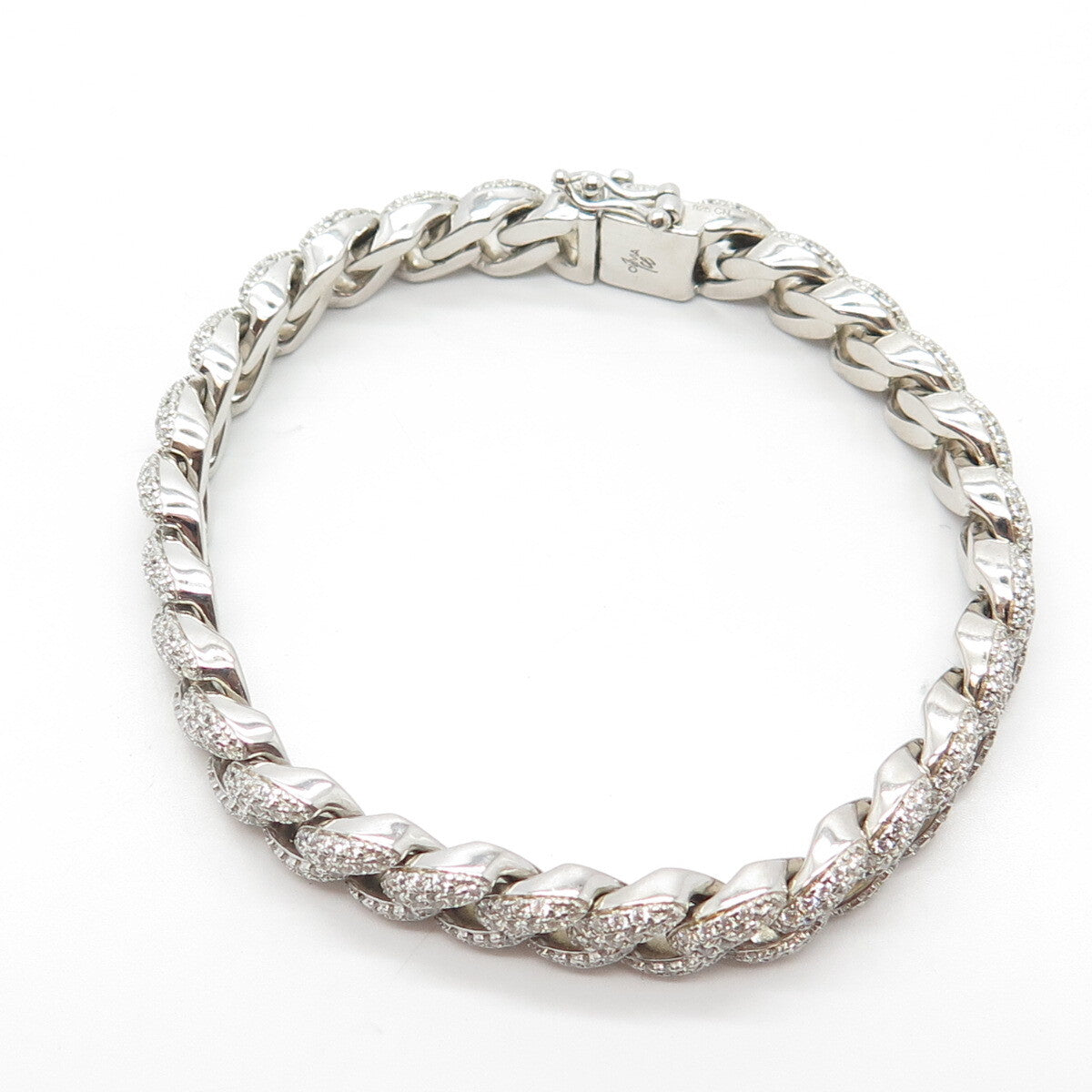 925 Sterling Silver White C Z Curb Link Bracelet 7"
