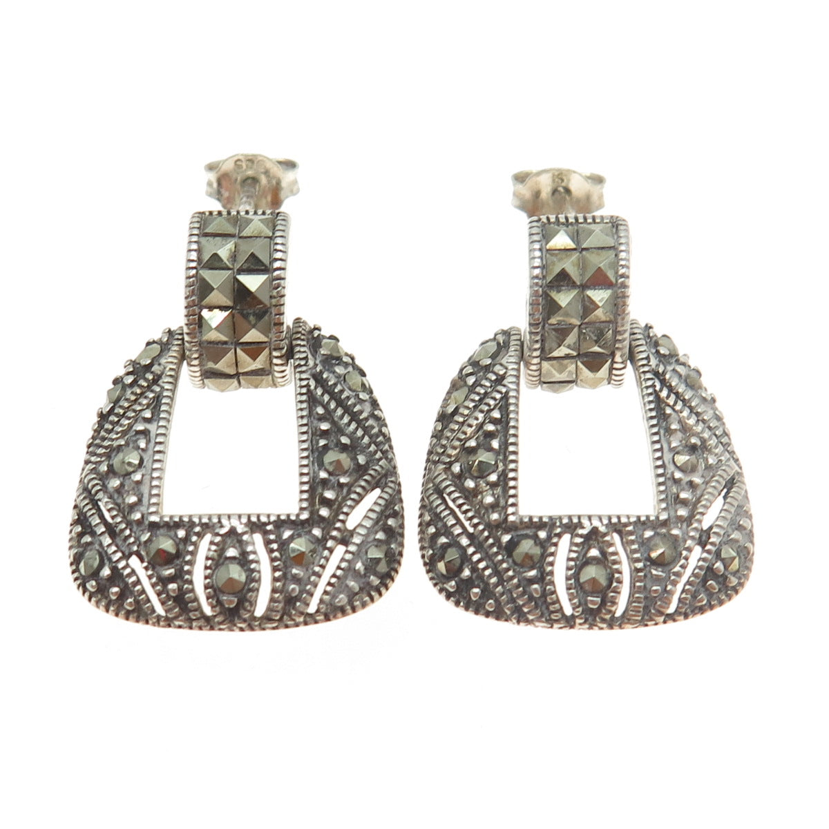 925 Sterling Silver Real Marcasite Gemstone Door Knocker Earrings