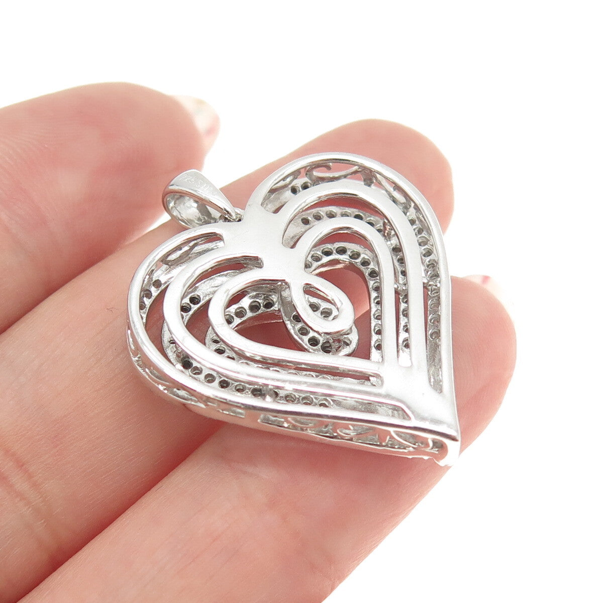 SUN 925 Sterling Silver Real Round-Cut Diamond Sparkle Heart Pendant