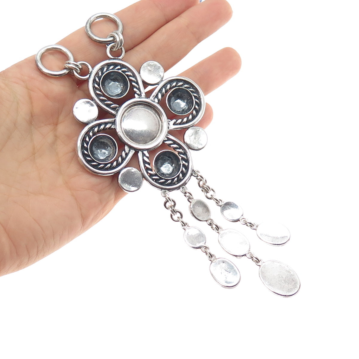925 Sterling Silver Vintage Real Royston Turquoise Flower Centerpiece Pendant