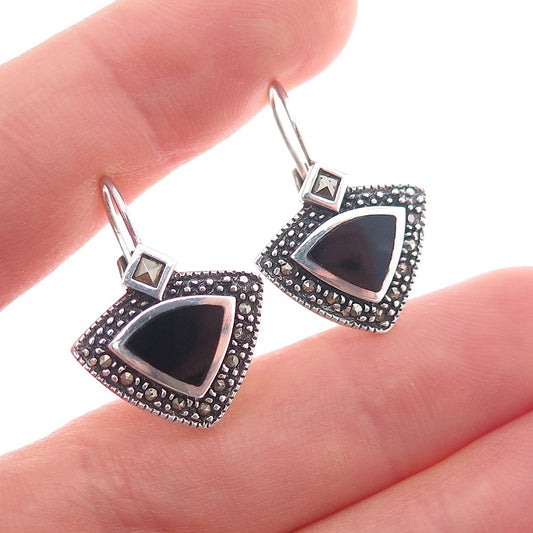 925 Sterling Silver Vintage Real Black Onyx & Marcasite Oxidized Earrings