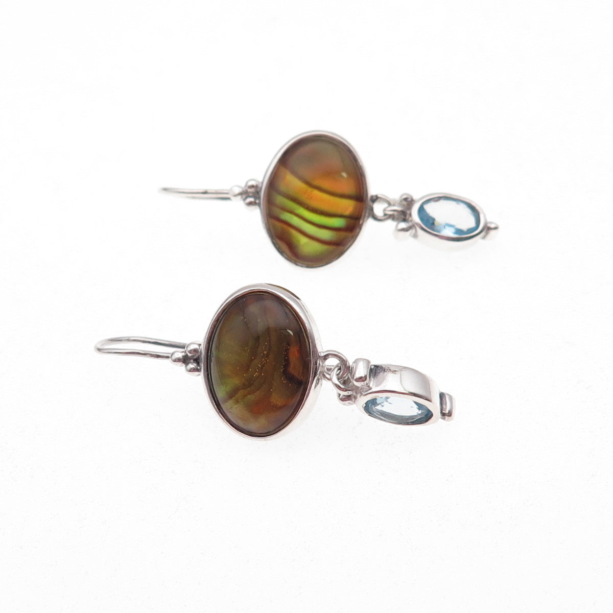 925 Sterling Silver Vintage Real Blue Topaz & Abalone Shell Dangle Earrings