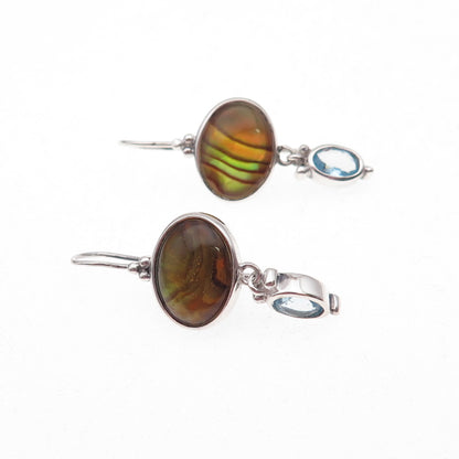 925 Sterling Silver Vintage Real Blue Topaz & Abalone Shell Dangle Earrings