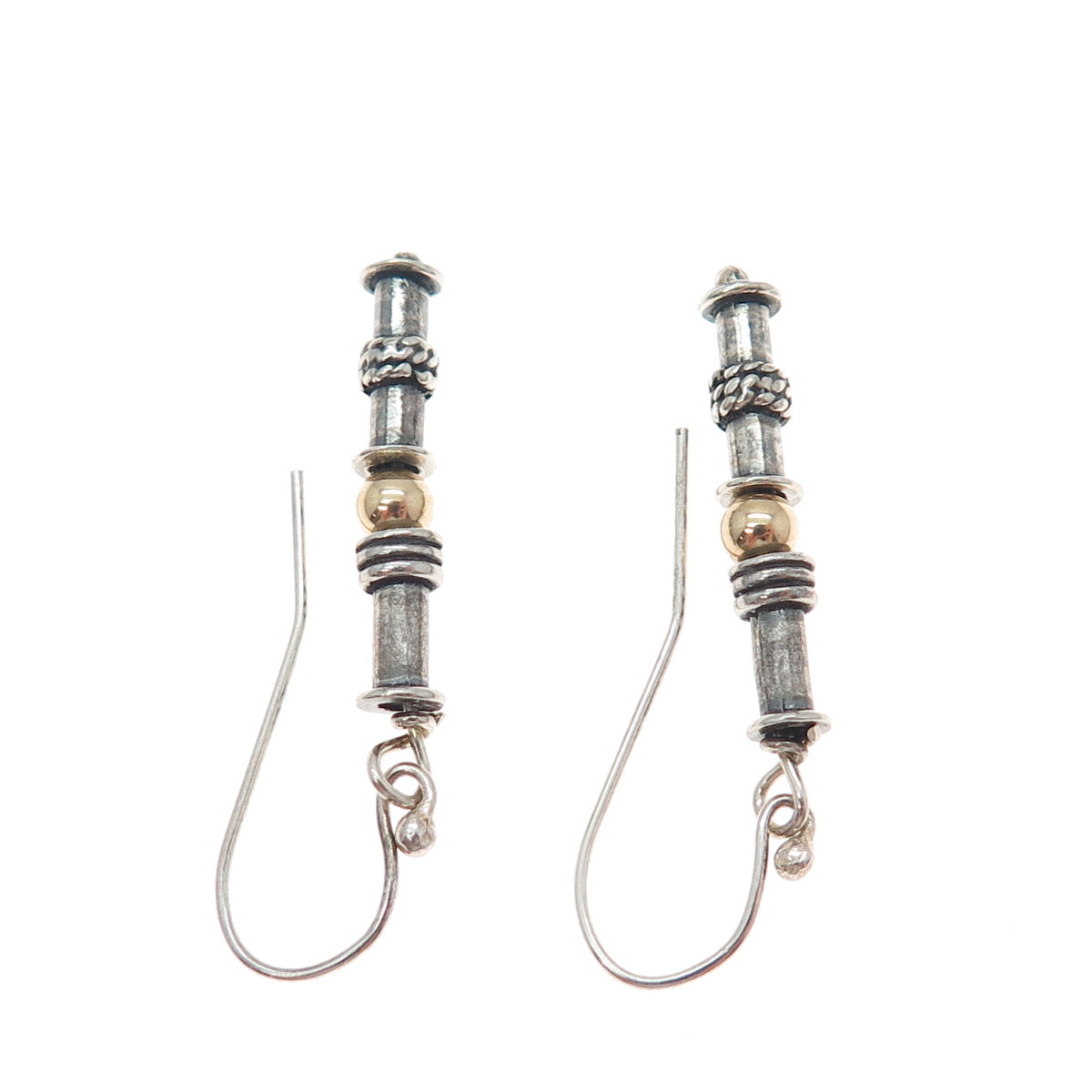 925 Sterling Silver 2-Tone Vintage Modernist Gold Ball Oxidized Dangle Earrings