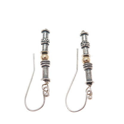 925 Sterling Silver 2-Tone Vintage Modernist Gold Ball Oxidized Dangle Earrings