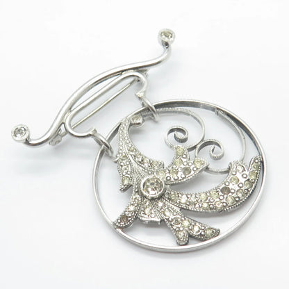 925 Sterling Silver Antique Rhinestone Ornate Round Pin Brooch