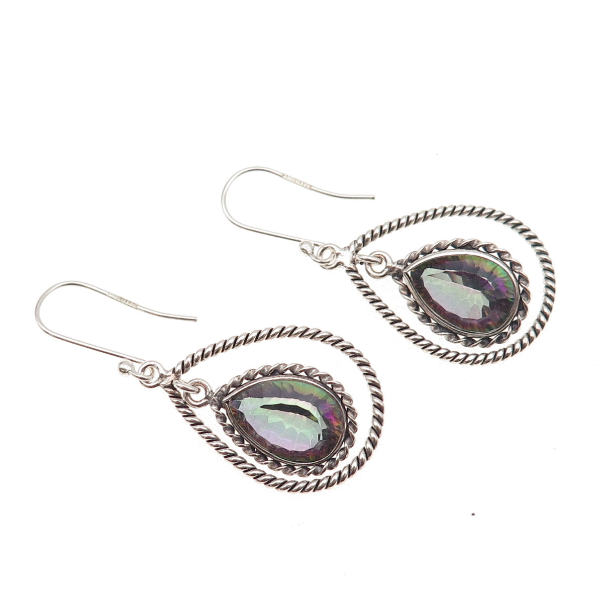 925 Sterling Silver Real Pear-Cut Mystic Quartz Oxidized Dangle Earrings