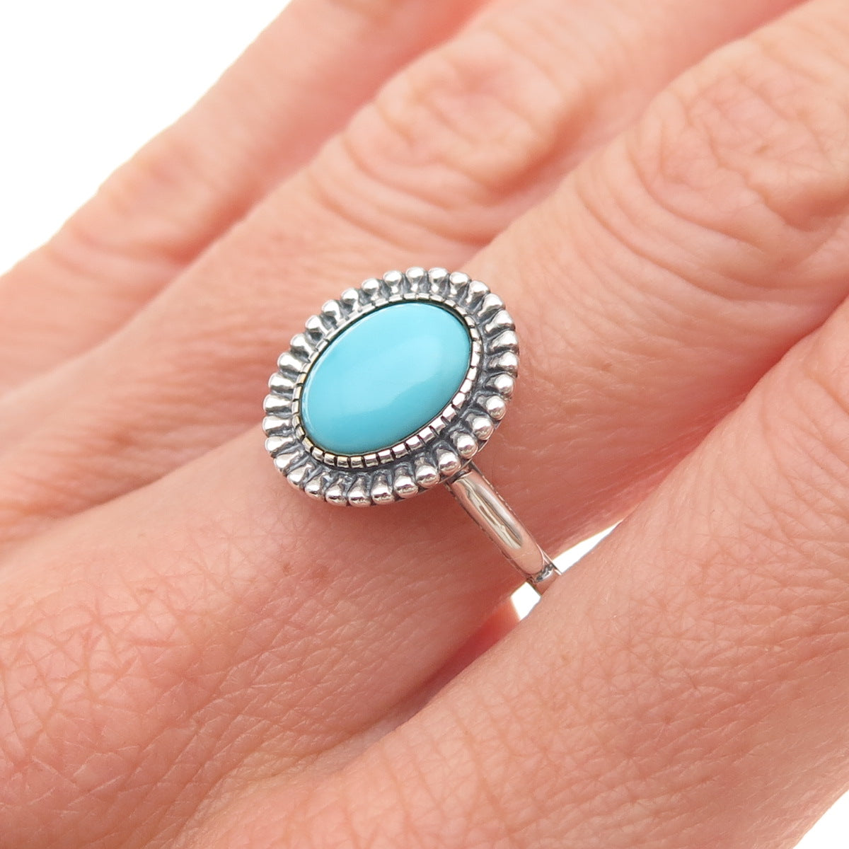 925 Sterling Silver Real Tyrone Turquoise Floral Oxidized Ring Size 8