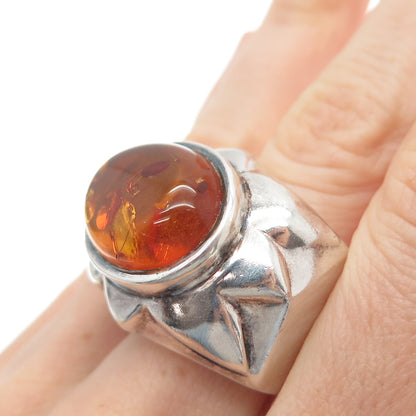 DOUG PAULUS 925 Sterling Silver Vintage Real Amber Modernist Sun Ring Size 7.75
