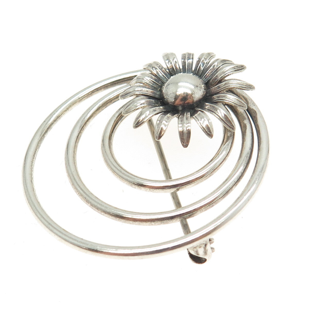 W. E. RICHARDS 925 Sterling Silver Vintage Floral Triple Circle Pin Brooch