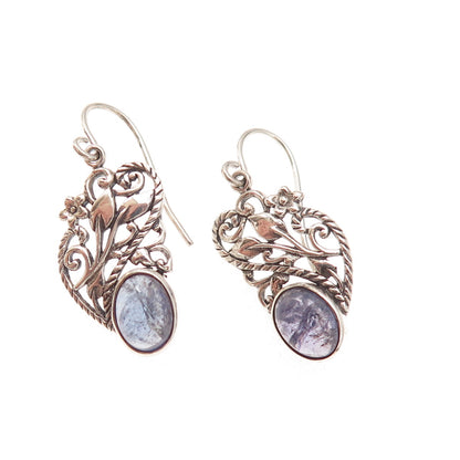 925 Sterling Silver Vintage Real Tanzanite Floral Oxidized Dangle Earrings
