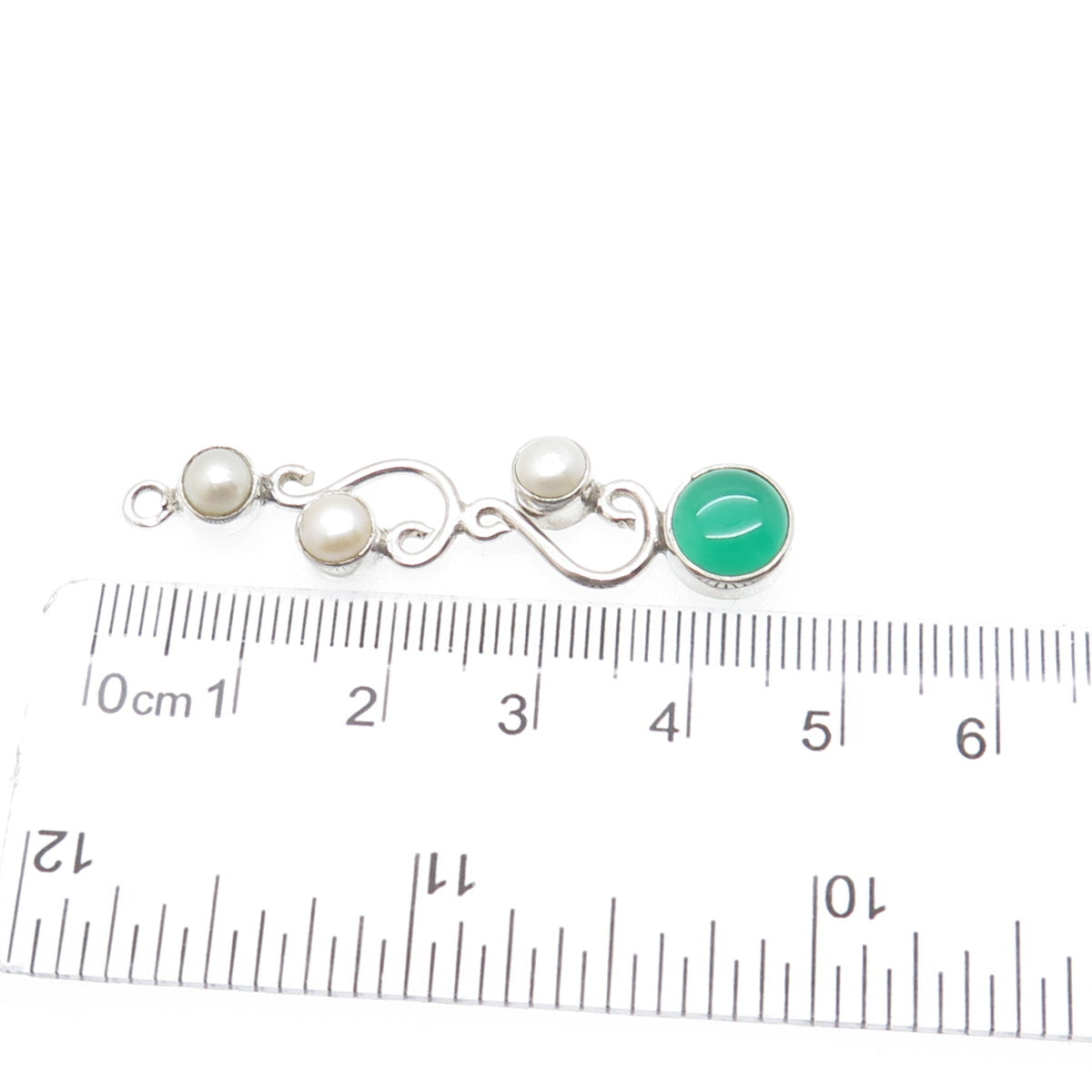 925 Sterling Silver Vintage Real Pearl & Green Chalcedony Swirl Pendant