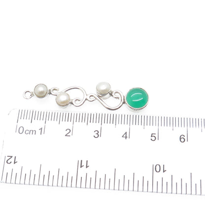 925 Sterling Silver Vintage Real Pearl & Green Chalcedony Swirl Pendant
