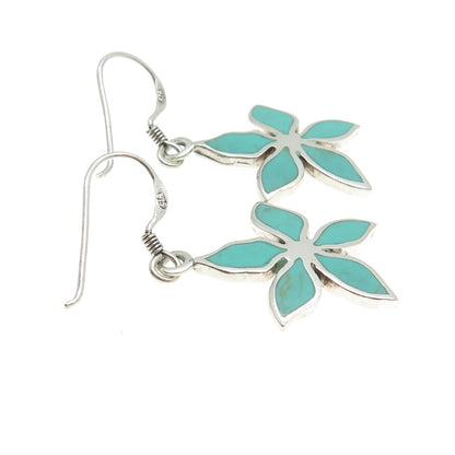 925 Sterling Silver Vintage Real Turquoise Flower Dangle Earrings