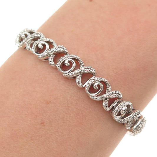 925 Sterling Silver Real Diamond XO Hugs & Kisses Link Bracelet 7.25"