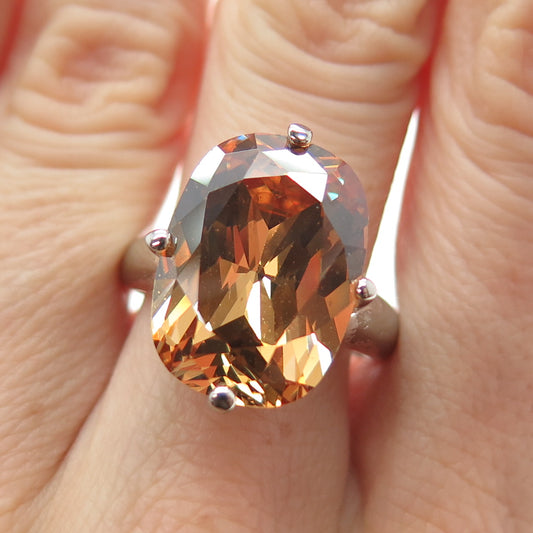 925 Sterling Silver Vintage Cushion Oval-Cut Cognac C Z Ring Size 9.25