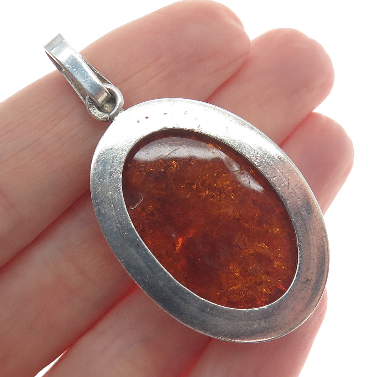 925 Sterling Silver Vintage Poland Real Cabochon Amber Pendant