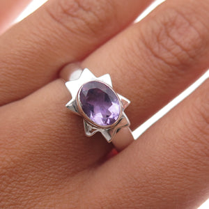 925 Sterling Silver Vintage Real Amethyst Modernist Sun Oxidized Ring Size 7.75