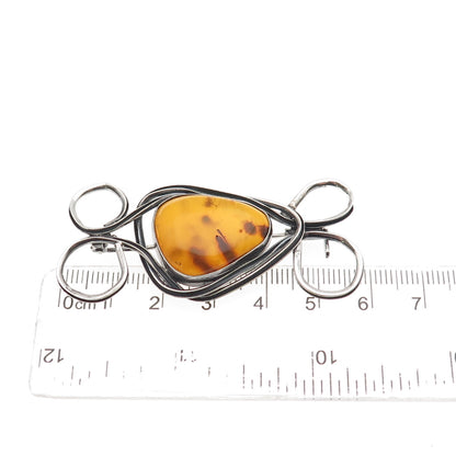 925 Sterling Silver Vintage AK Poland Real Amber Modernist Oxidized Pin Brooch