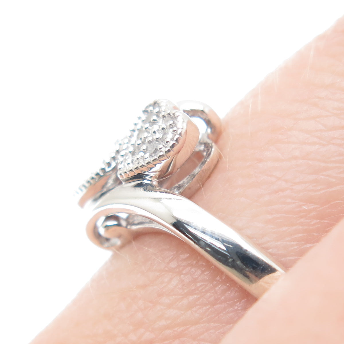 JASANI 925 Sterling Silver Real Round-Cut Diamond Couple Heart Ring Size 7.25