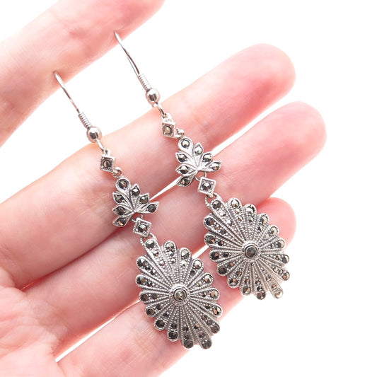 925 Sterling Silver Vintage Real Marcasite Dangle Earrings (missing 2 stones)