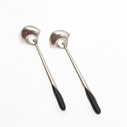 925 Sterling Silver Vintage Real Black Onyx Modernist Dangle Earrings