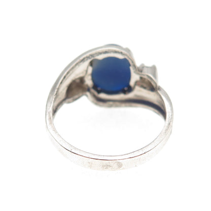 925 Sterling Silver Antique Art Deco Faux Star Sapphire & Rhinestone Ring Size 7
