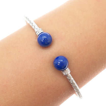 925 Sterling Silver Vintage Peru Real Lapis Braided Adjustable Bracelet 6.25"