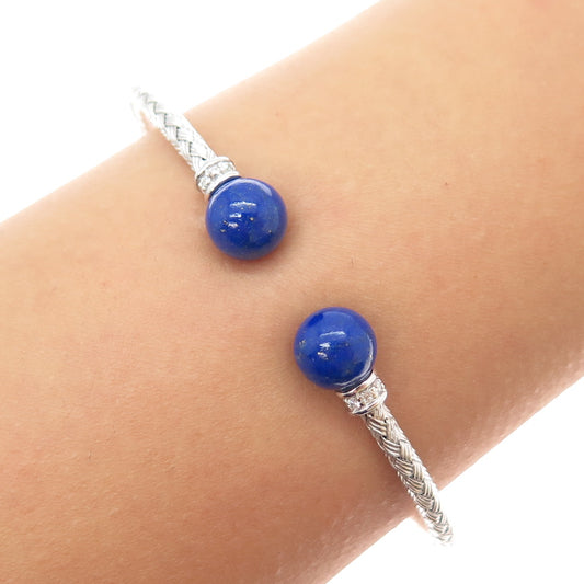 925 Sterling Silver Vintage Peru Real Lapis Braided Adjustable Bracelet 6.25"