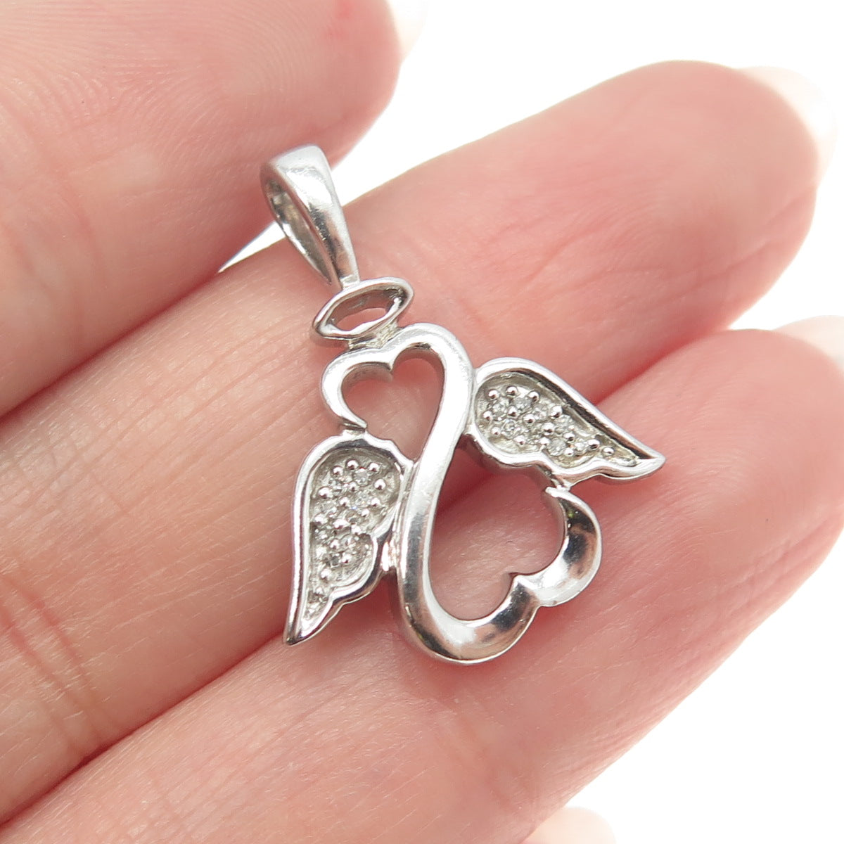 925 Sterling Silver Real Round-Cut Diamond Open Angel Heart Pendant