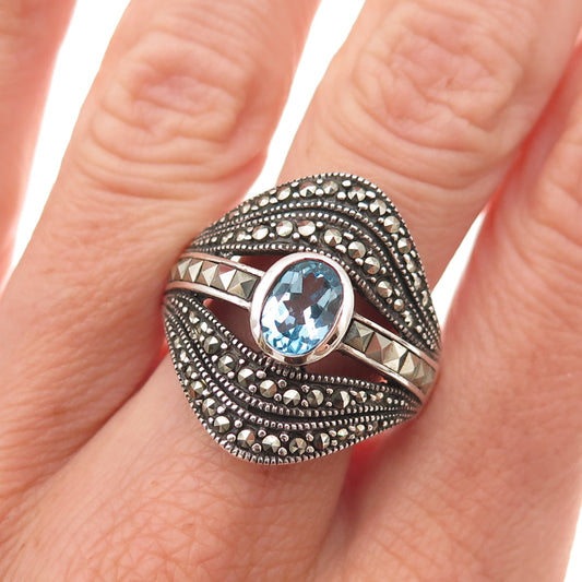 925 Sterling Silver Vintage Real Blue Topaz & Marcasite Oxidized Ring Size 9.25