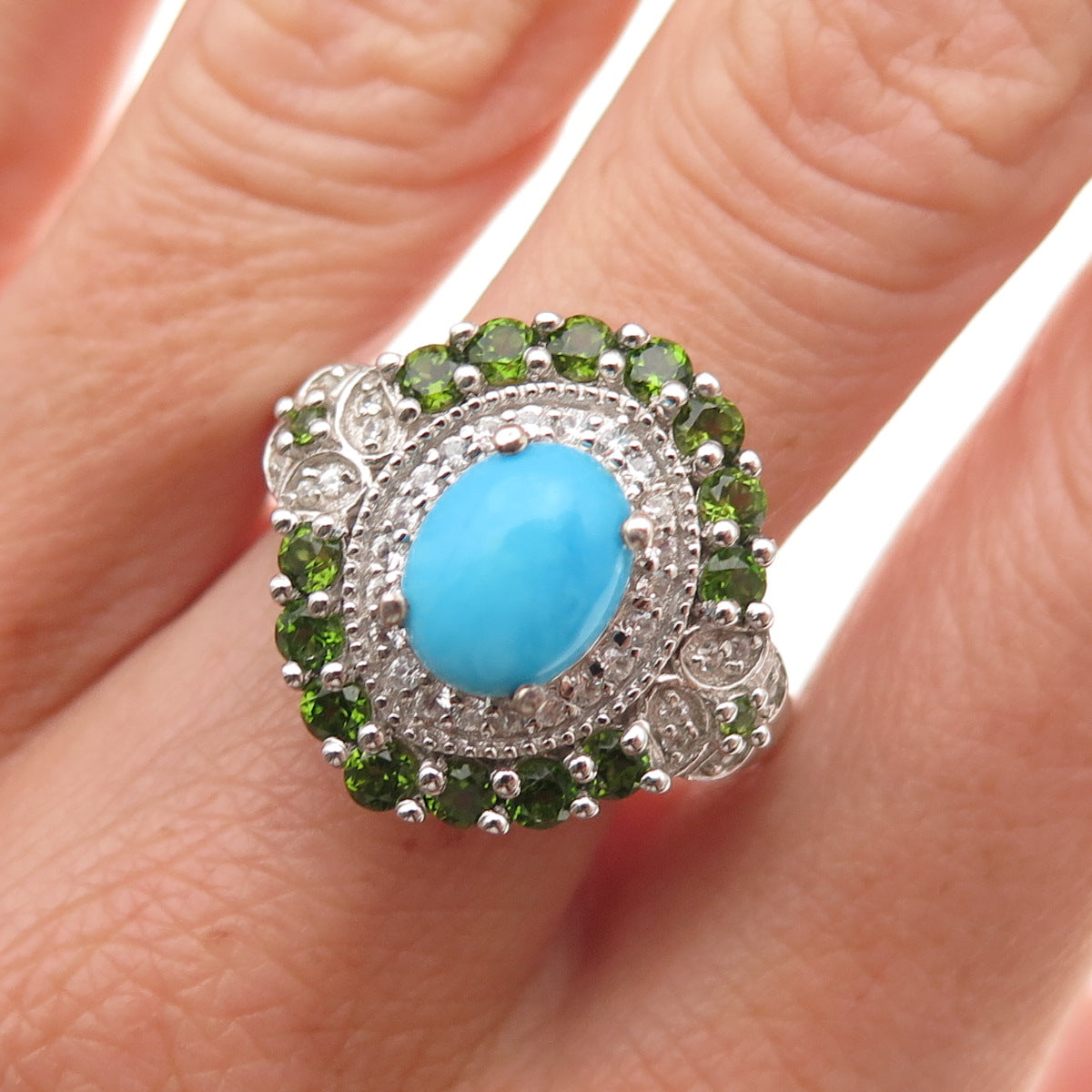Chuck Clemency 925 Sterling Silver Real Turquoise Peridot & Topaz Ring Size 8.25