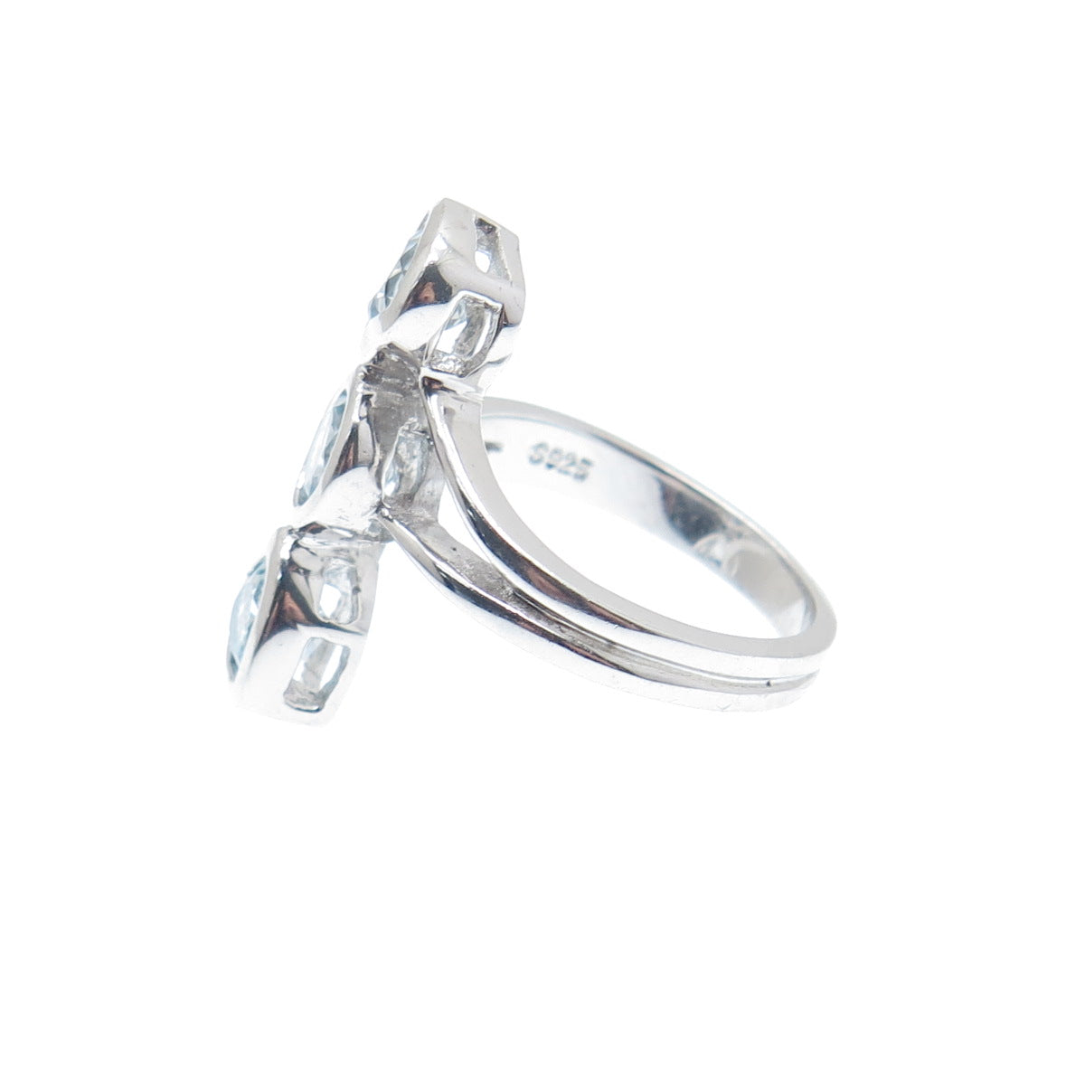 925 Sterling Silver Real Round & Heart-Cut Blue Topaz Bypass Ring Size 6