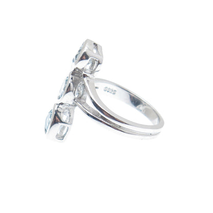 925 Sterling Silver Real Round & Heart-Cut Blue Topaz Bypass Ring Size 6