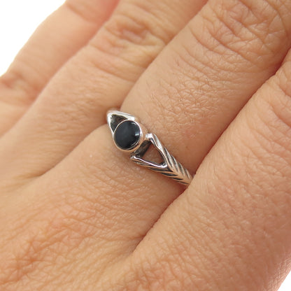 925 Sterling Silver Vintage Real Black Onyx Wishbone Oxidized Ring Size 6.75