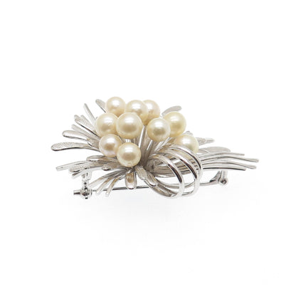 925 Sterling Silver Vintage Real Pearl Modernist Flower Pin Brooch