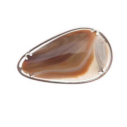 930 Silver Vintage Israel Real Agate Modernist Oxidized Pin Brooch / Pendant